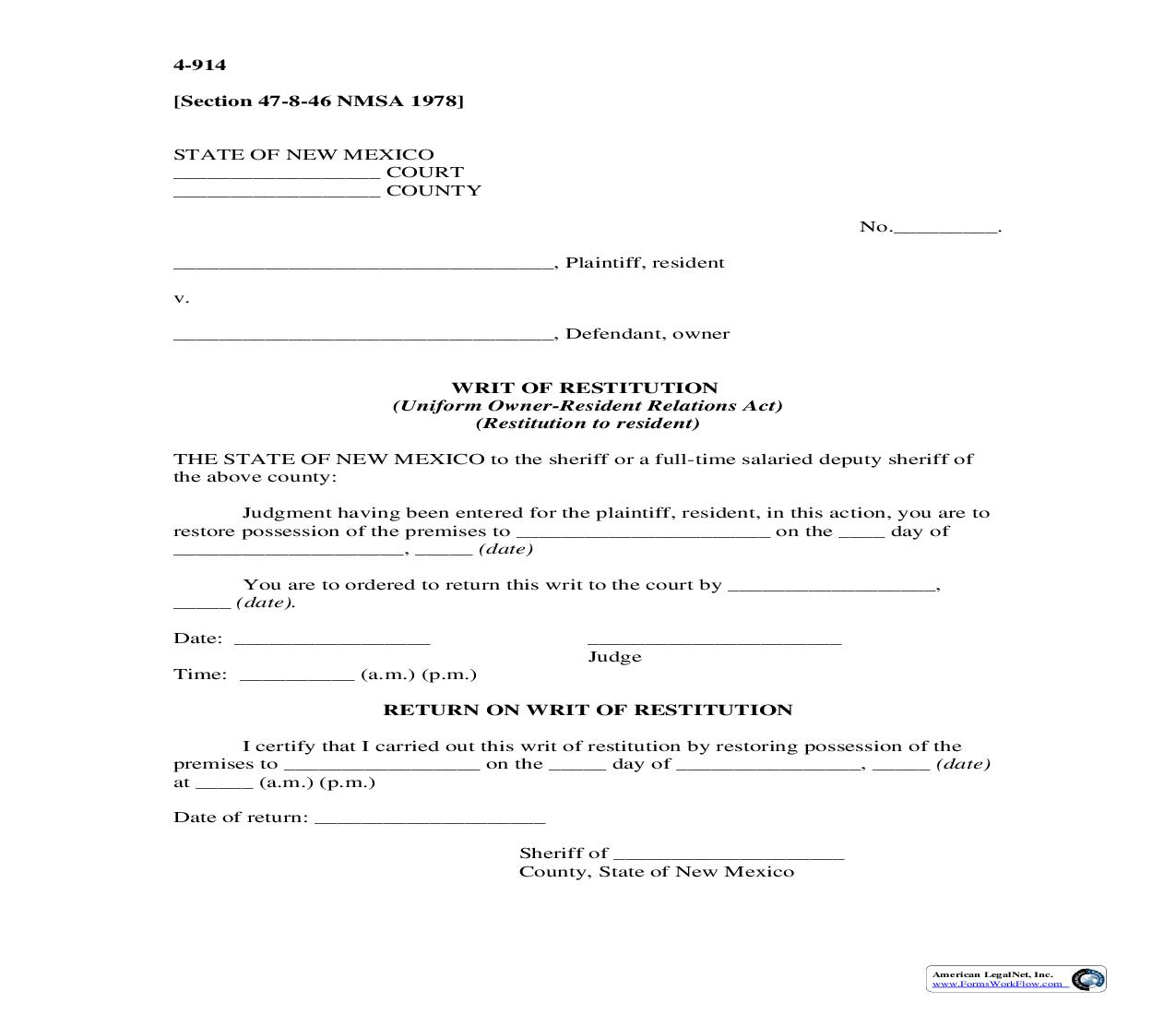 Writ Of Restitution (Restitution To Resident) {4-914} | Pdf Fpdf Doc Docx | New Mexico