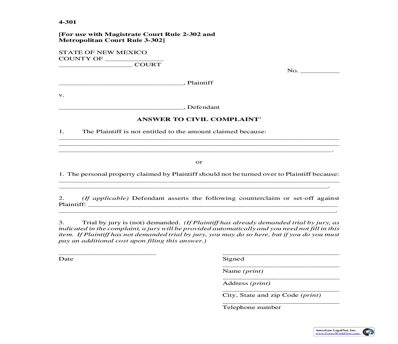 Answer To Civil Complaint {4-301} | Pdf Fpdf Doc Docx | New Mexico
