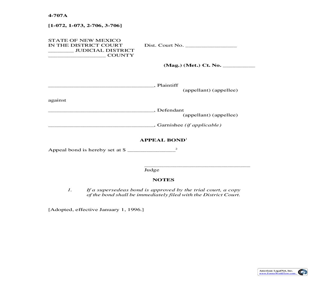 Appeal Bond {4-707A} | Pdf Fpdf Doc Docx | New Mexico