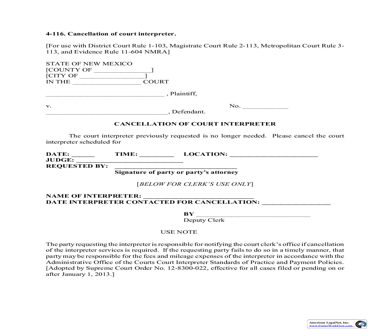 Cancellation Of Court Interpreter {4-116} |  | New Mexico