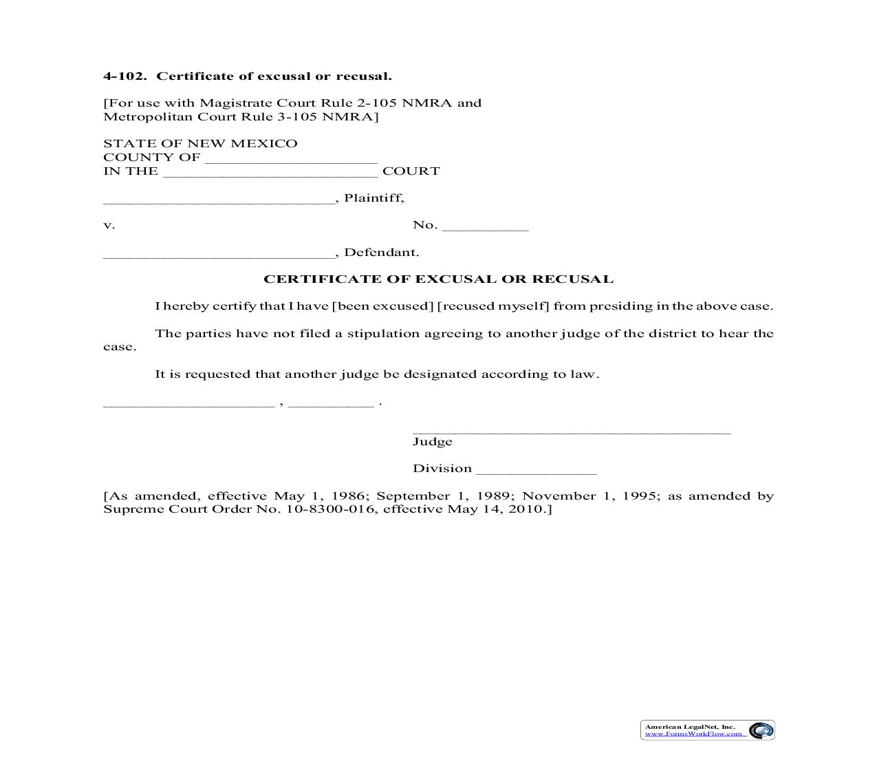 Certificate Of Excusal Or Recusal {4-102} | Pdf Fpdf Doc Docx | New Mexico