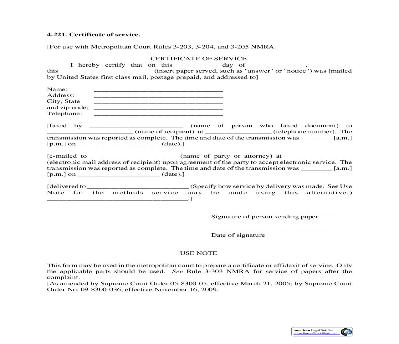 Certificate Of Service {4-221} | Pdf Fpdf Doc Docx | New Mexico