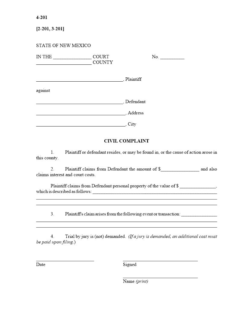 Civil Complaint {4-201} | Pdf Fpdf Docx | New Mexico