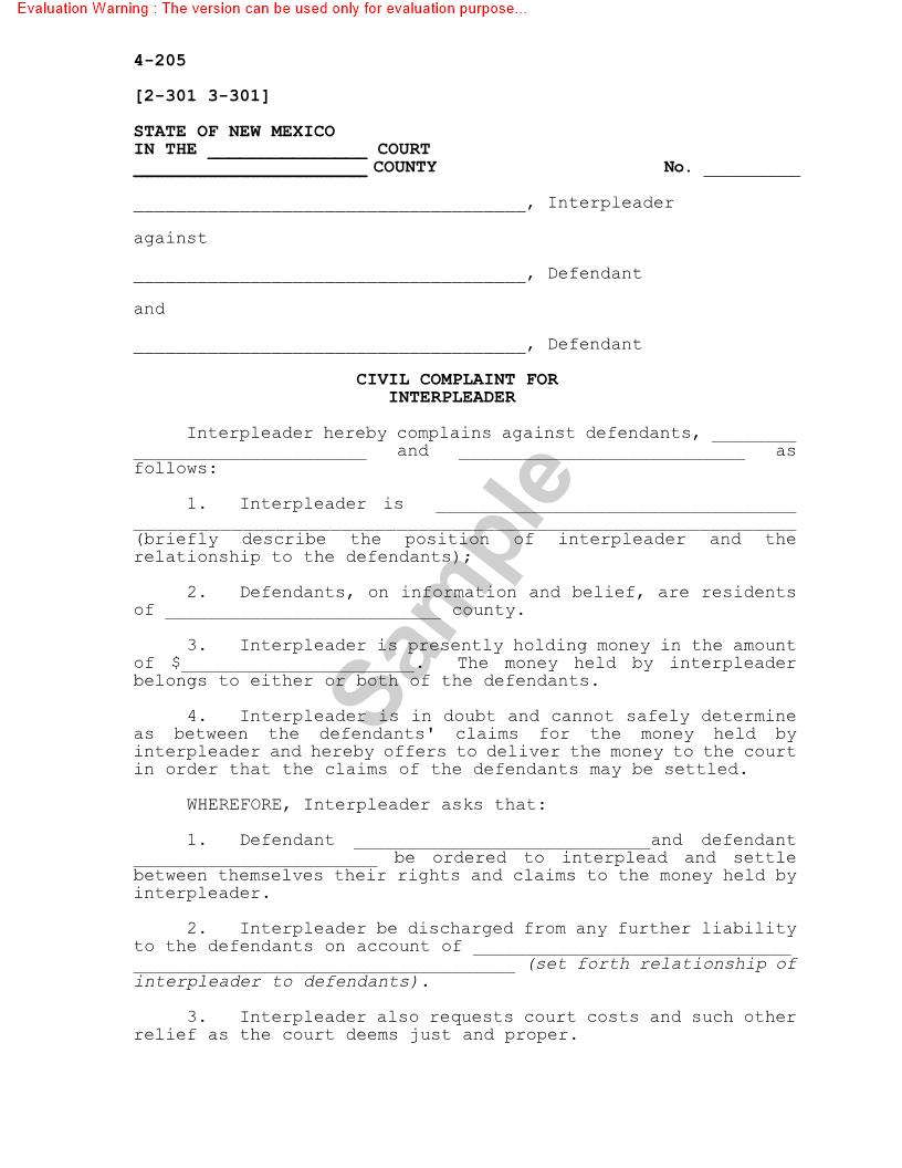 Civil Complaint For Interpleader {4-205} | Pdf Fpdf Doc Docx | New Mexico