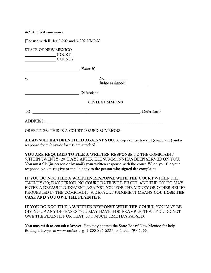 Civil Summons {4-204} | Pdf Fpdf Docx | New Mexico