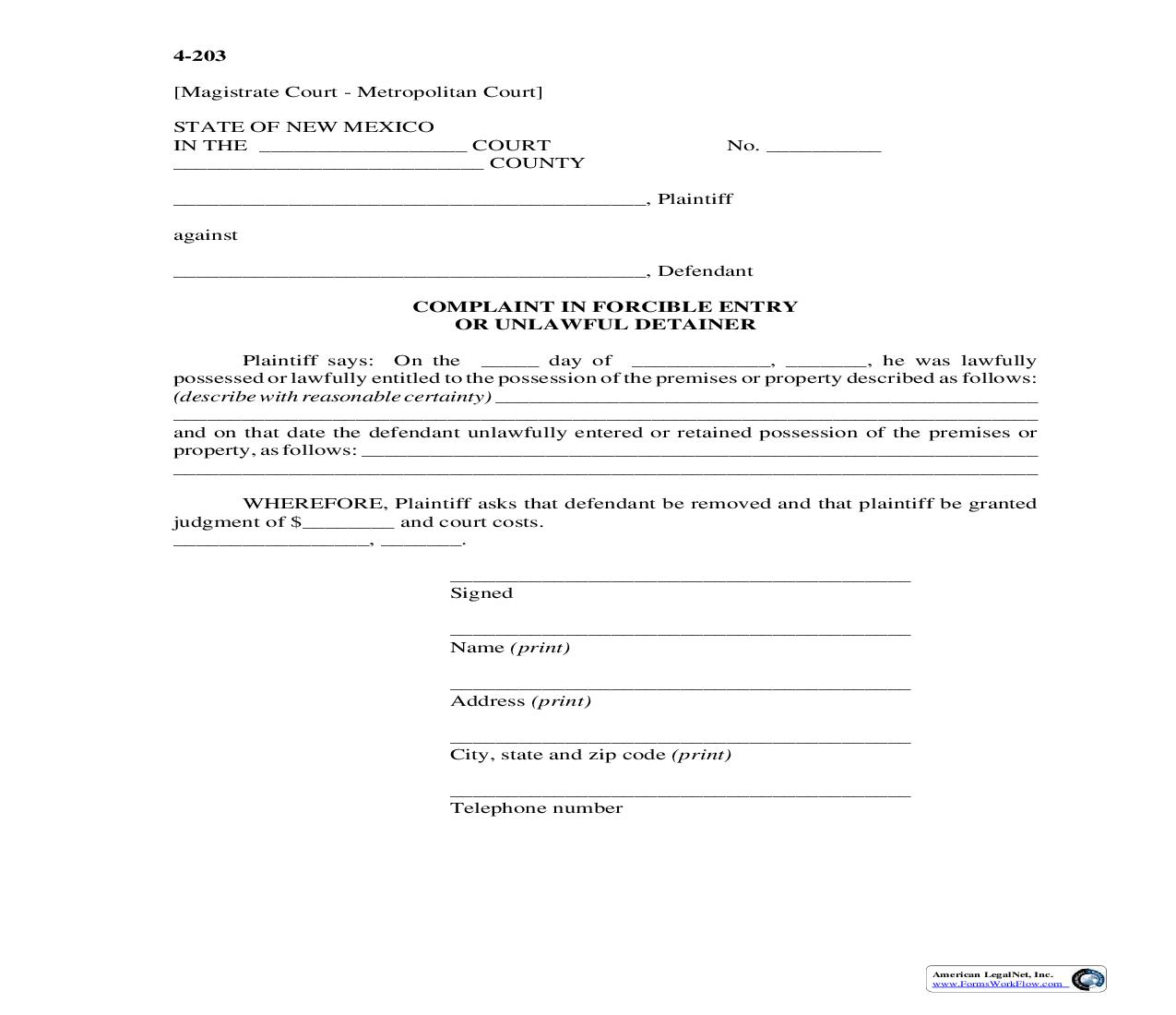 Complaint In Forcible Entry Or Unlawful Detainer {4-203} | Pdf Fpdf Doc Docx | New Mexico