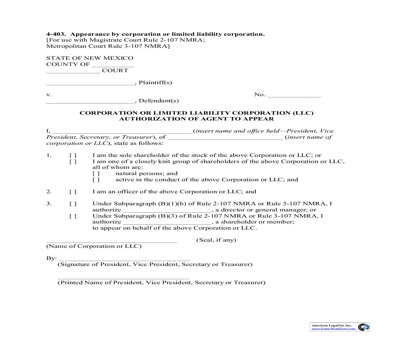 Corporation Or LLC Authorization Of Agent To Appear {4-403} | Pdf Fpdf Doc Docx | New Mexico