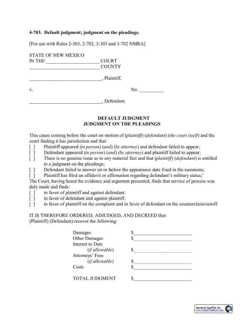 Default Judgment-Judgment On Pleadings {4-703} | Pdf Fpdf Docx | New Mexico