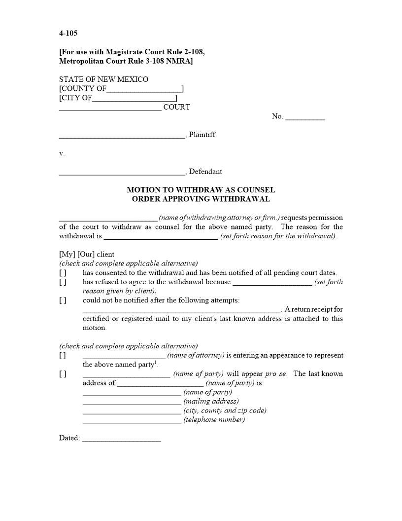 Motion And Order To Withdraw As Counsel {4-105} | Pdf Fpdf Docx | New Mexico