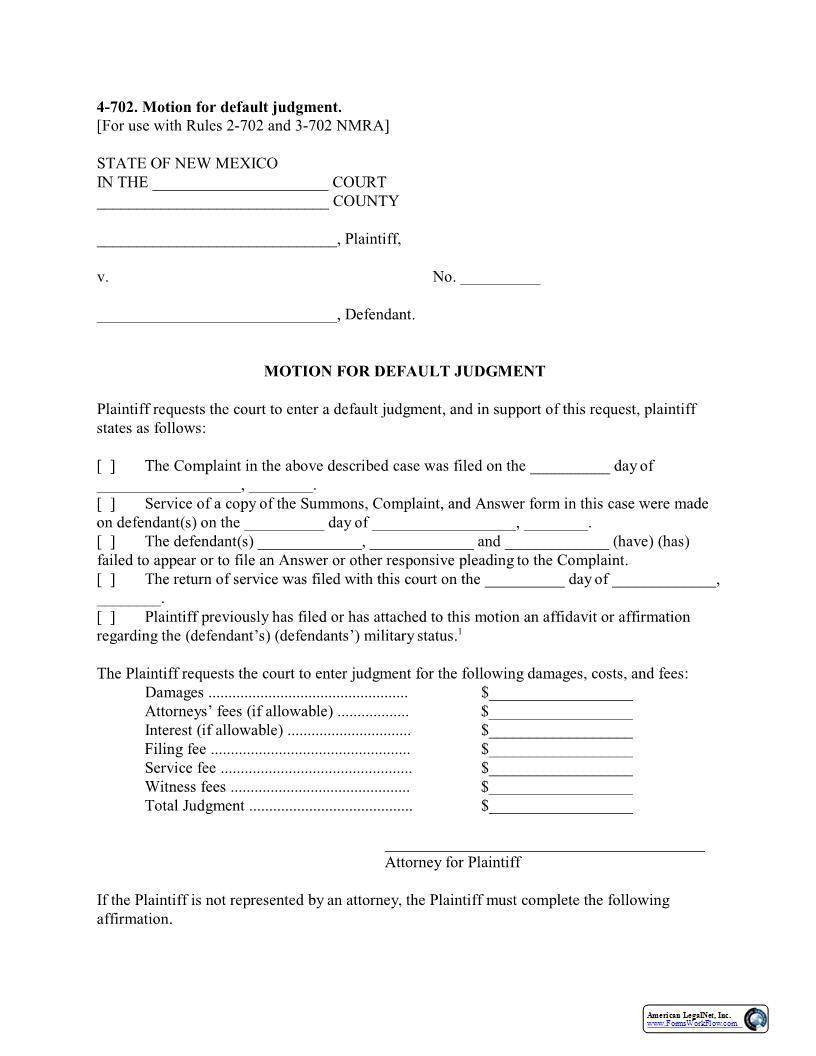 Motion For Default Judgment {4-702} | Pdf Fpdf Docx | New Mexico