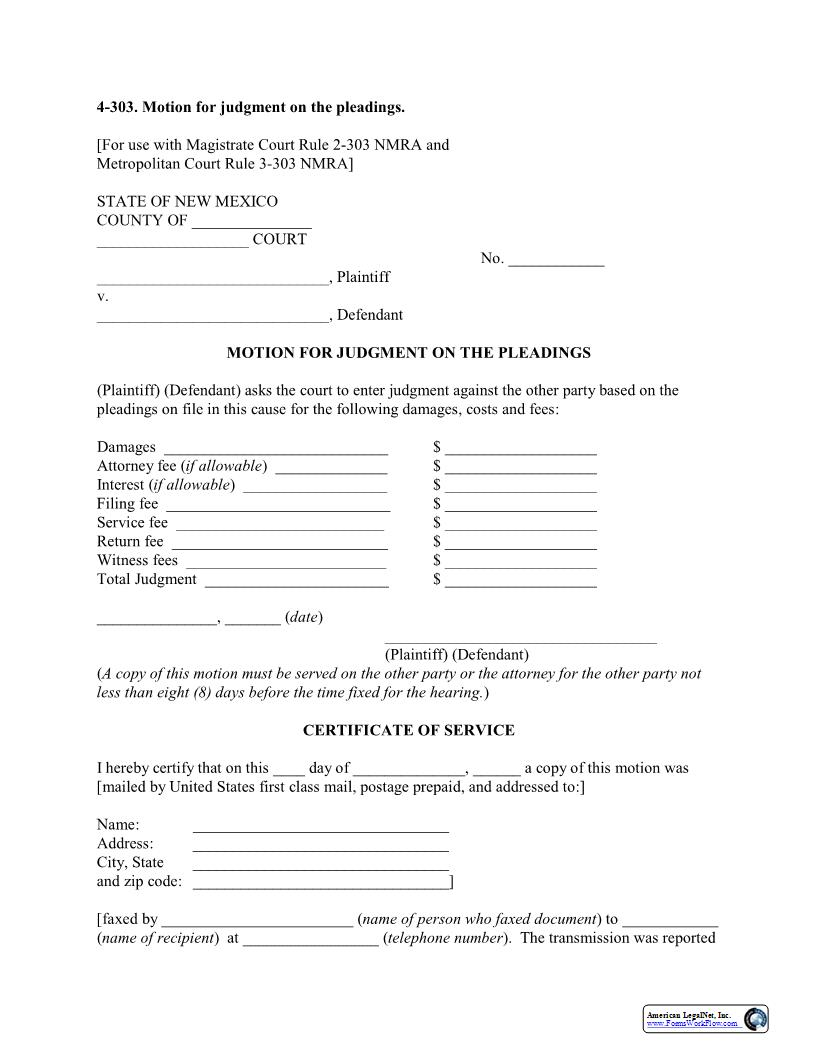 Motion For Judgment On Pleadings {4-303} | Pdf Fpdf Docx | New Mexico