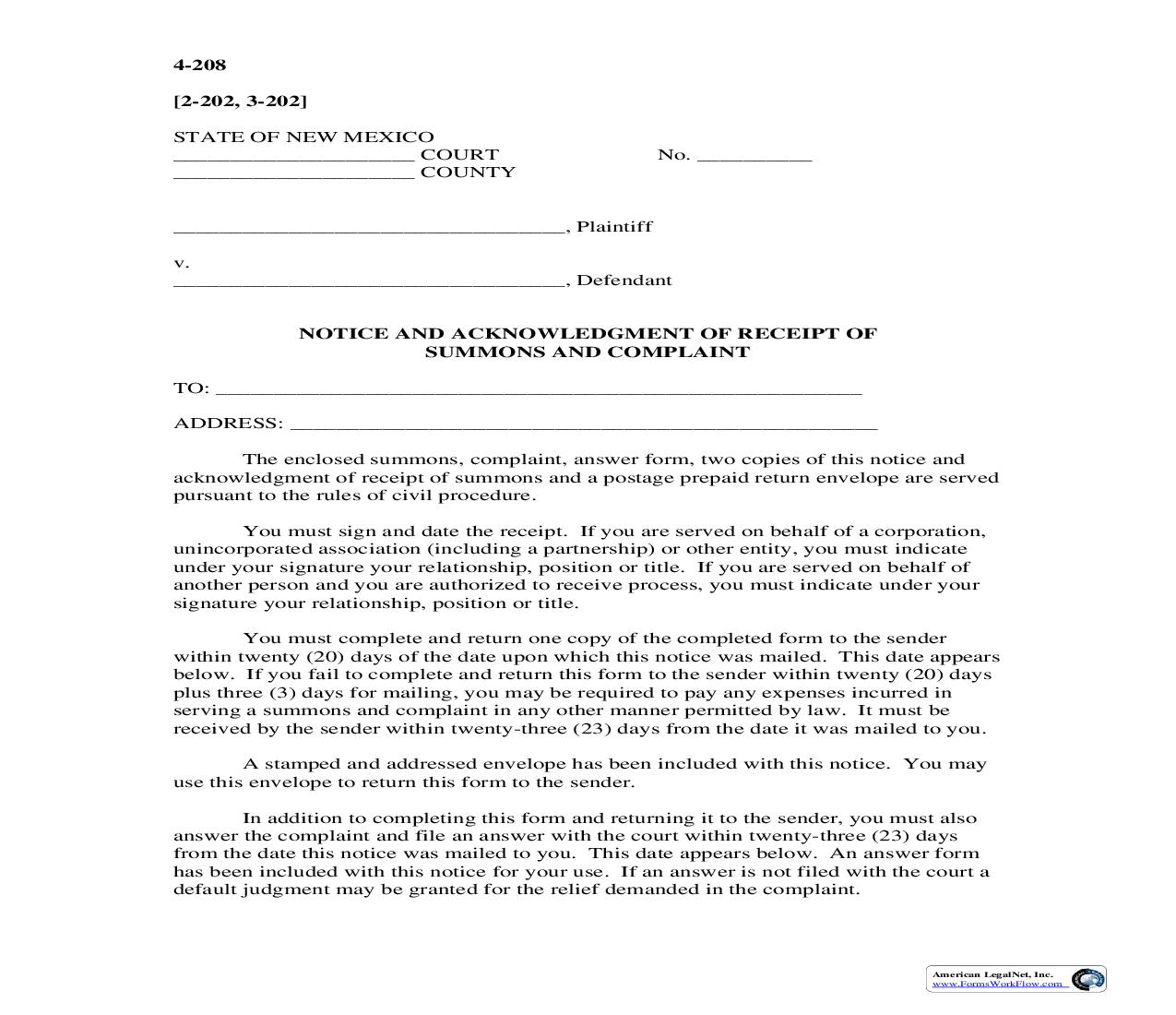 Notice And Acknowledgment Of Receipt Of Summons And Complaint {4-208} | Pdf Fpdf Doc Docx | New Mexico