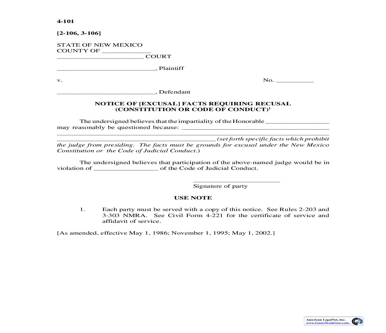 Notice Of (Excusal) Facts Requiring Recusal {4-101} | Pdf Fpdf Doc Docx | New Mexico
