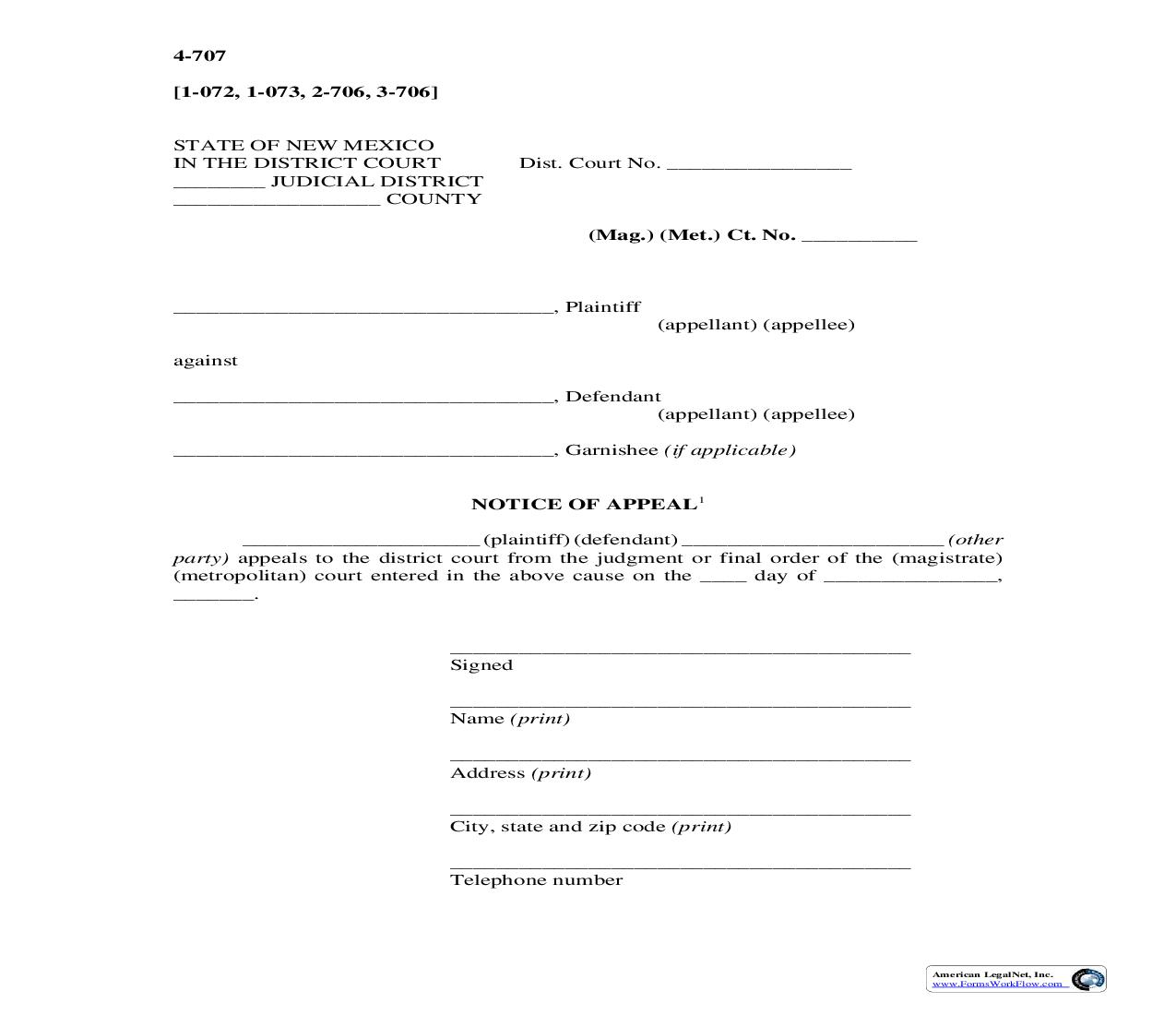 Notice Of Appeal {4-707} | Pdf Fpdf Doc Docx | New Mexico