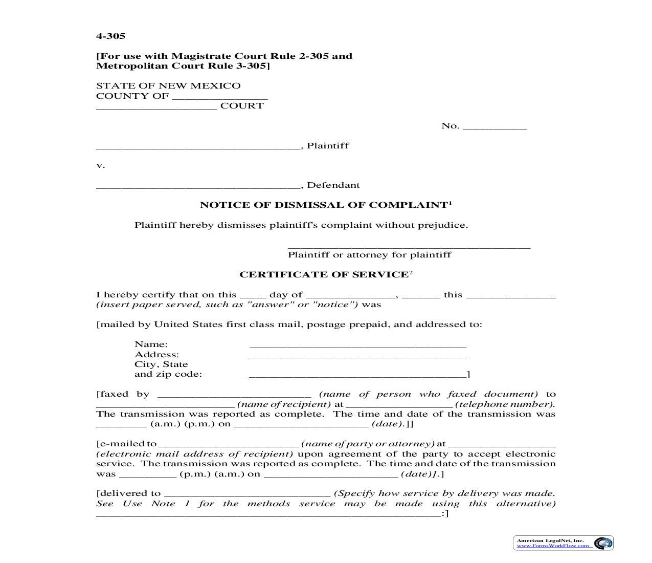 Notice Of Dismissal Of Complaint {4-305} | Pdf Fpdf Doc Docx | New Mexico