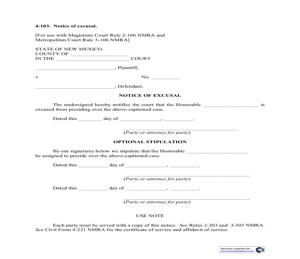 Notice Of Excusal {4-103} | Pdf Fpdf Doc Docx | New Mexico