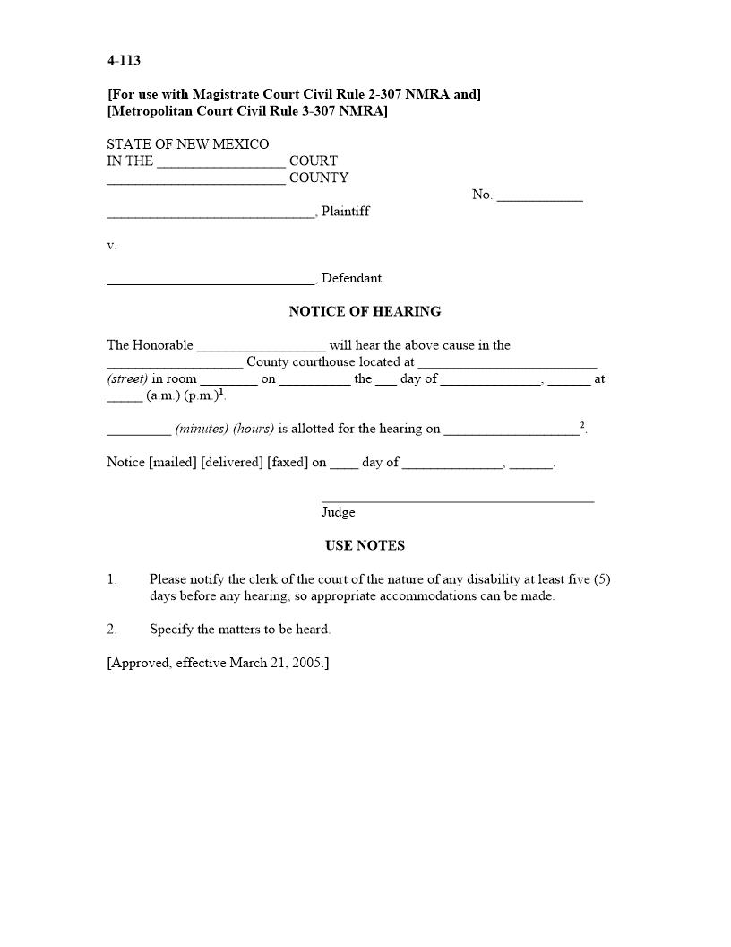 Notice Of Hearing {4-113} | Pdf Fpdf Docx | New Mexico