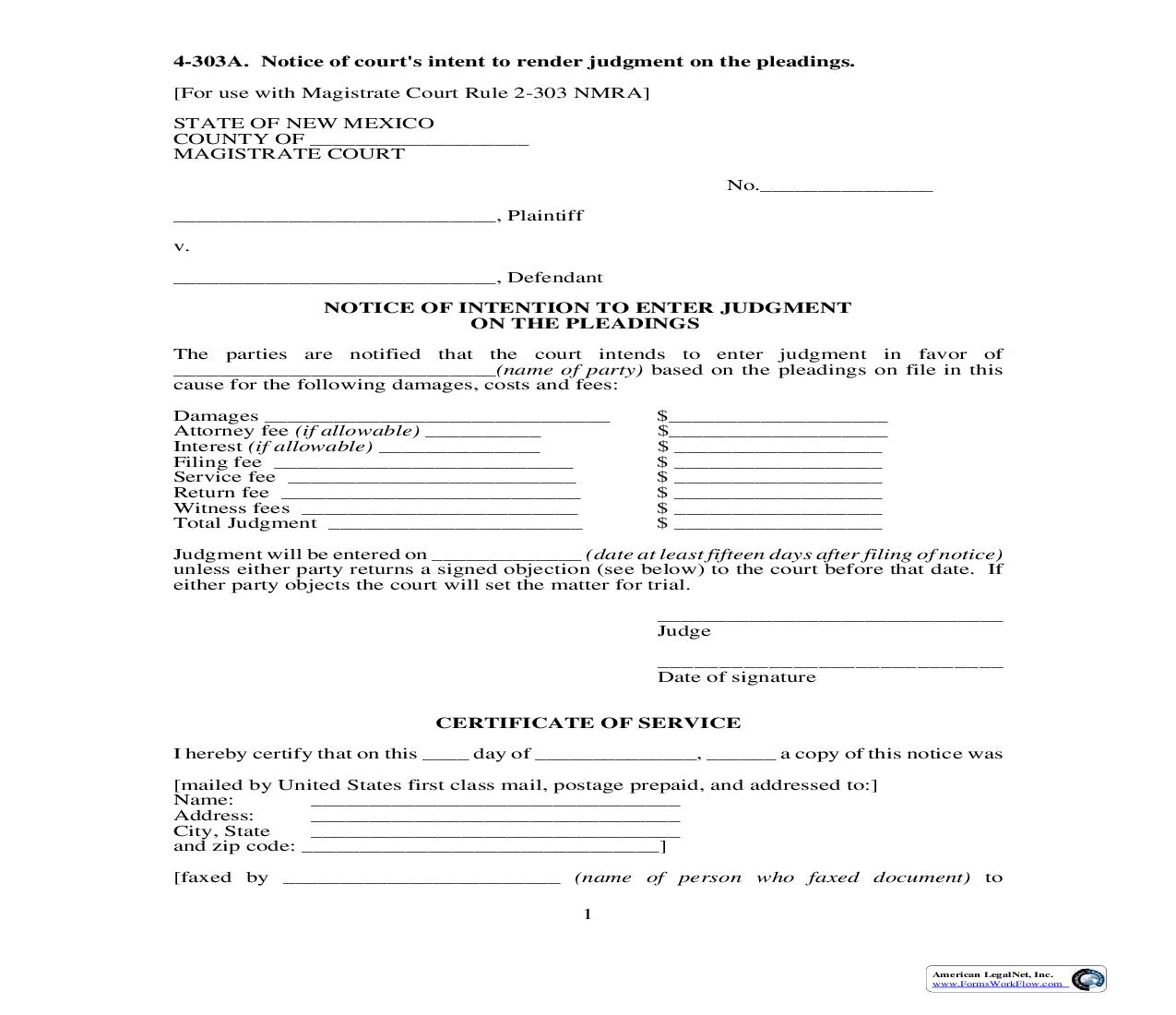 Notice Of Intention To Enter Judgment On The Pleadings {4-303A} | Pdf Fpdf Doc Docx | New Mexico