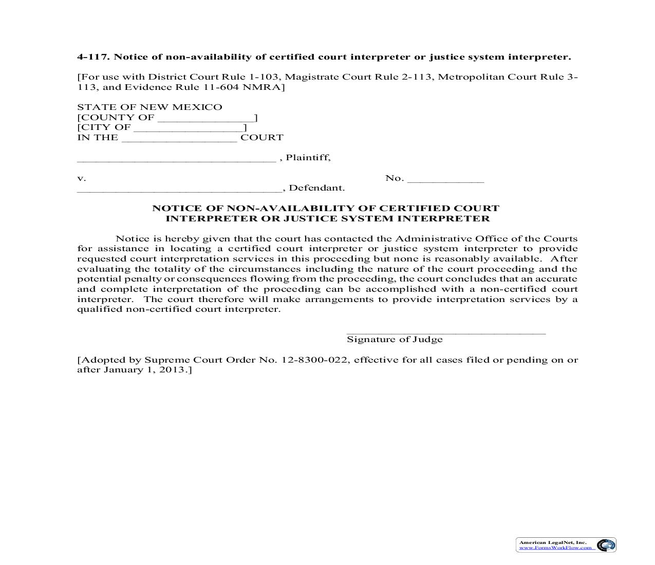 Notice Of Non-Availability Of Certified Court Or Justice System Interpreter {4-117} |  | New Mexico