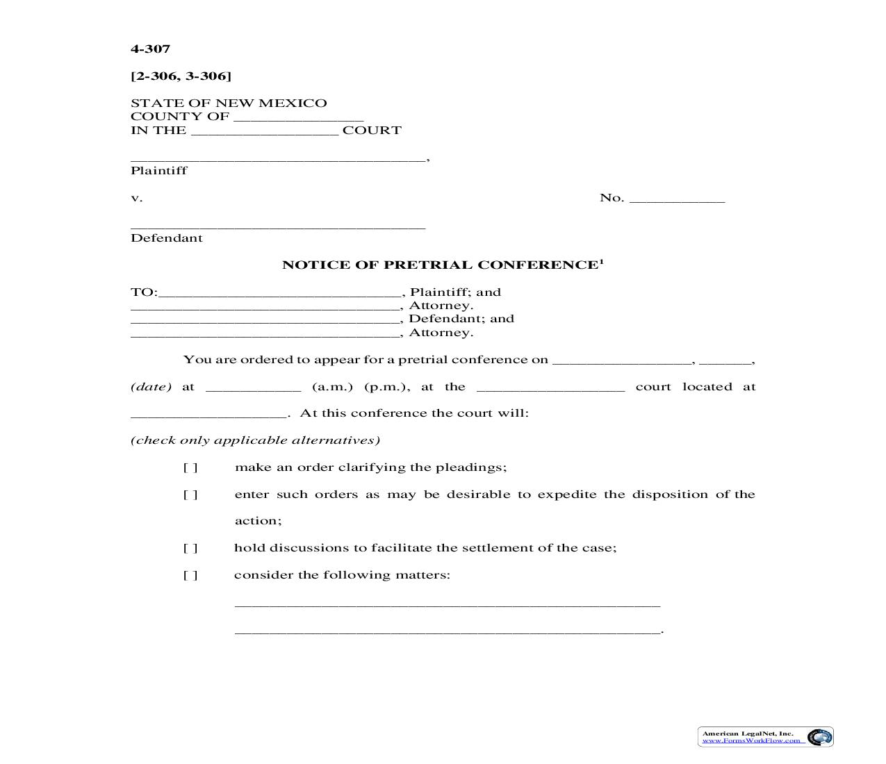 Notice Of Pretrial Conference {4-307} | Pdf Fpdf Doc Docx | New Mexico