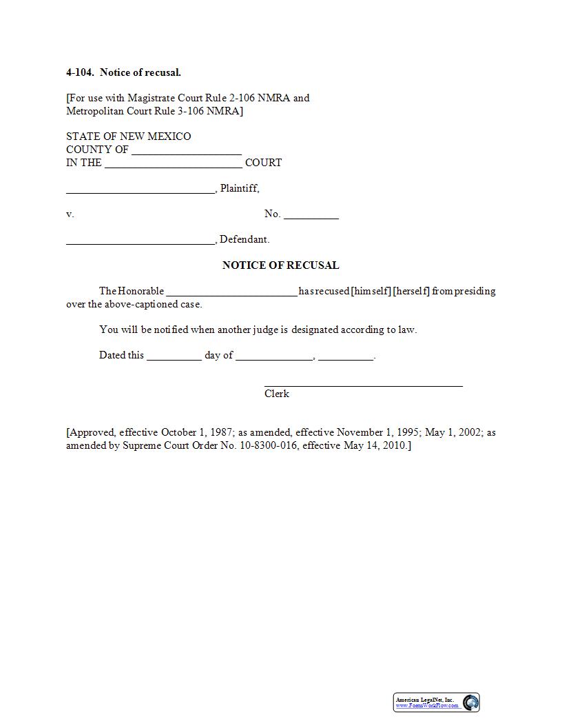 Notice Of Recusal {4-104} | Pdf Fpdf Docx | New Mexico