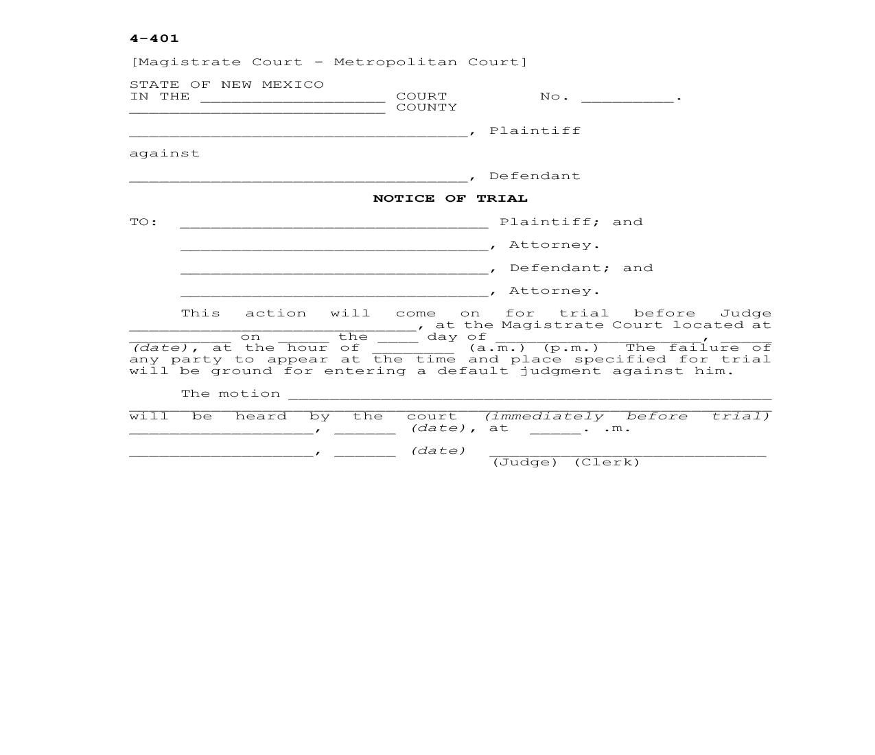 Notice Of Trial {4-401} | Pdf Fpdf Docx | New Mexico