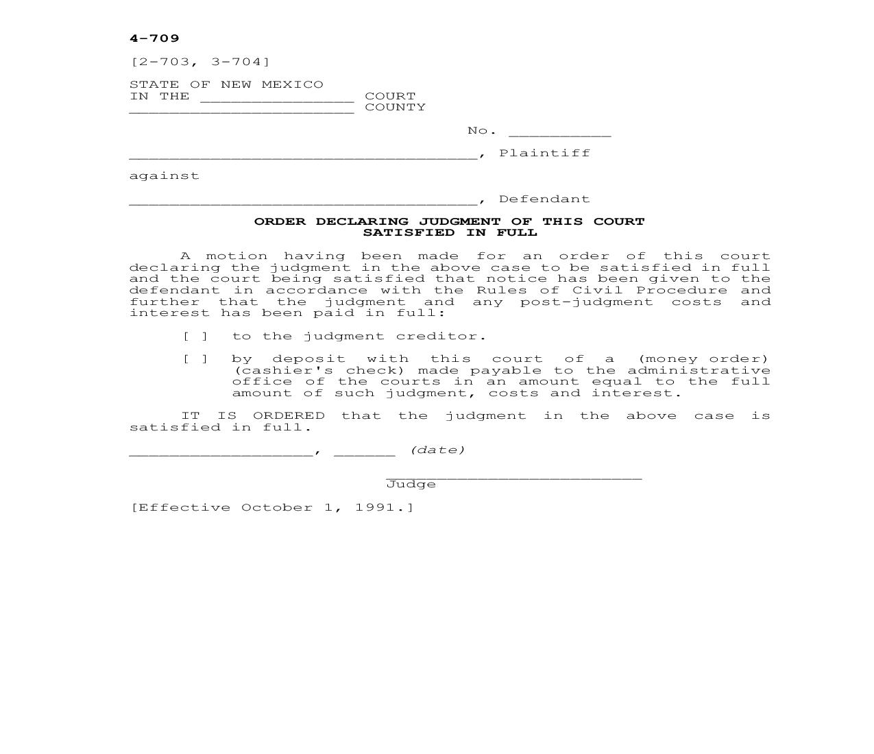Order Declaring Judgment Of Court Satisfied In Full {4-709} | Pdf Fpdf Docx | New Mexico