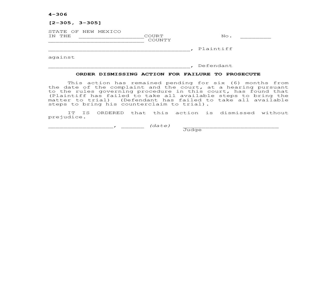 Order Dismissing Action For Failure To Prosecute {4-306} | Pdf Fpdf Docx | New Mexico