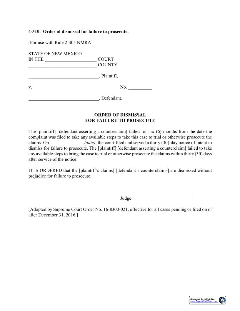 Order For Dismissal For Failure To Prosecute {4-310} | Pdf Fpdf Docx | New Mexico