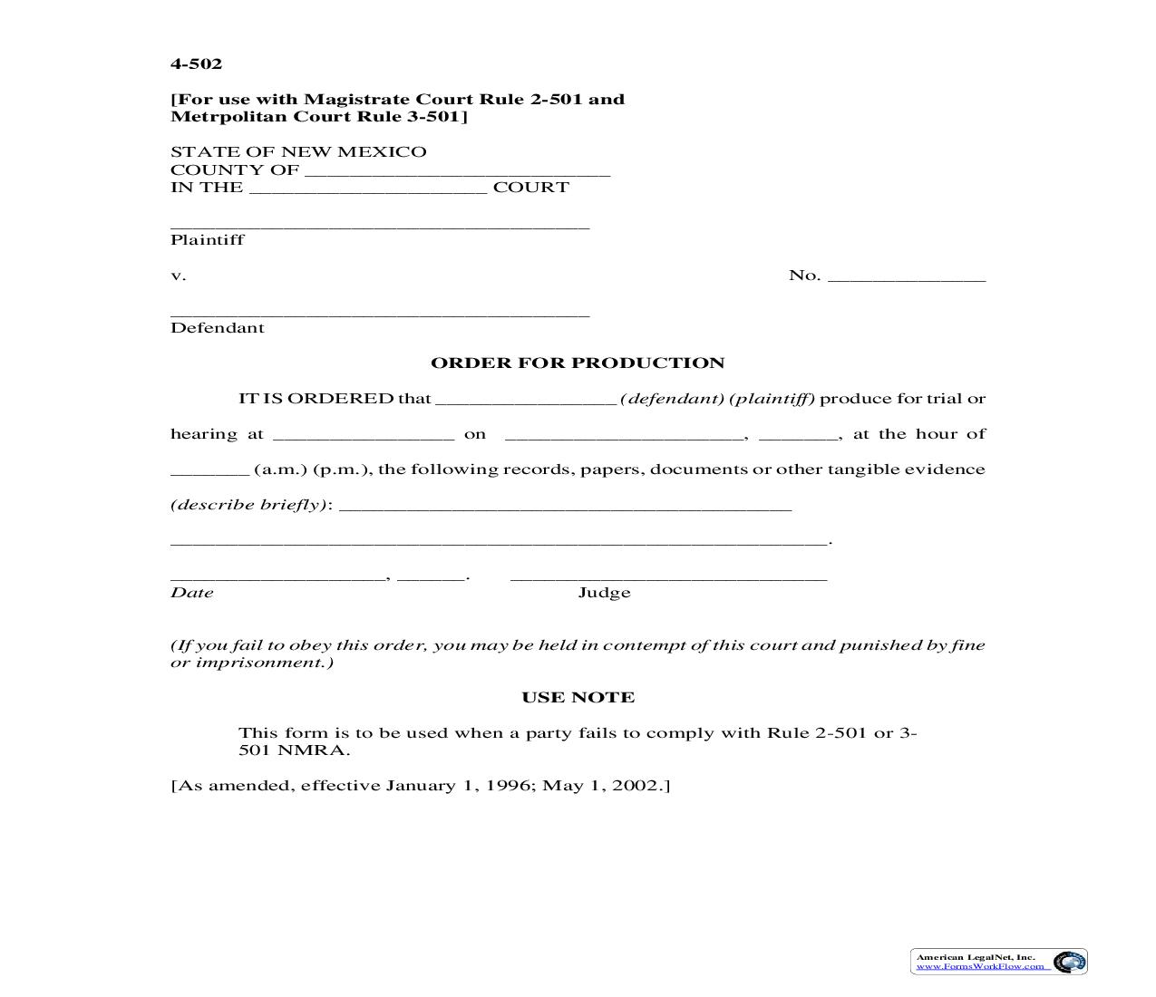 Order For Production {4-502} | Pdf Fpdf Doc Docx | New Mexico