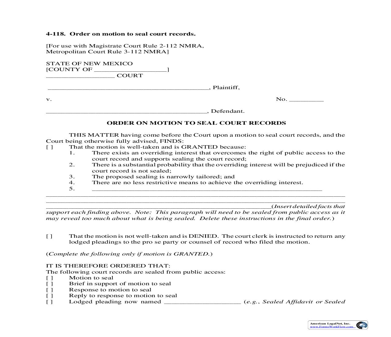 Order On Motion To Seal Court Records {4-118} | Pdf Fpdf Doc Docx | New Mexico