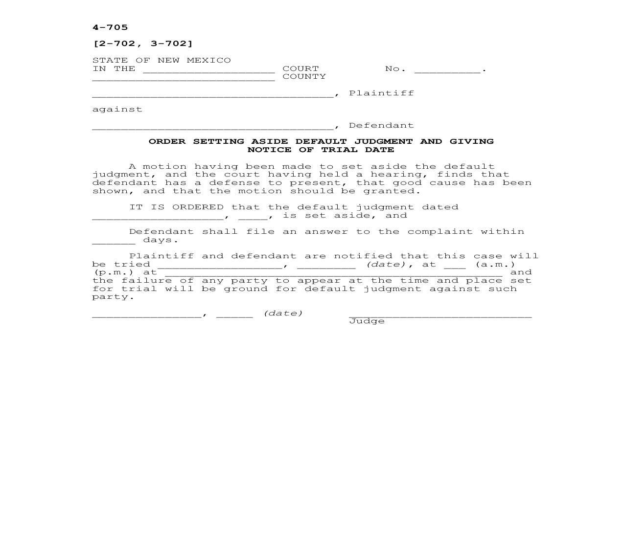 Order Setting Aside Default Judgment And Giving Notice Of Trial Date {4-705} | Pdf Fpdf Doc Docx | New Mexico