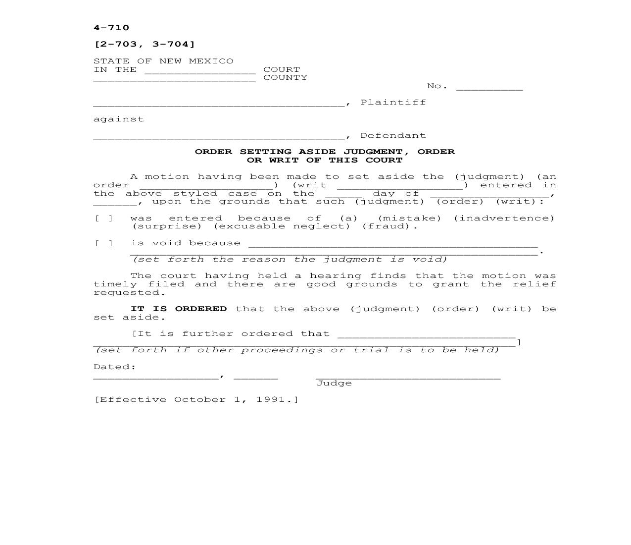Order Setting Aside Judgment Order Or Writ Of Court {4-710} | Pdf Fpdf Docx | New Mexico