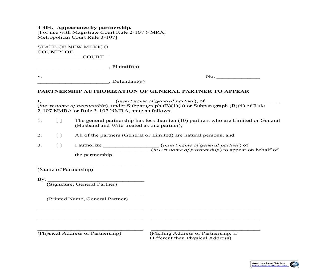 Partnership Authorization Of General Partner To Appear {4-404} | Pdf Fpdf Doc Docx | New Mexico