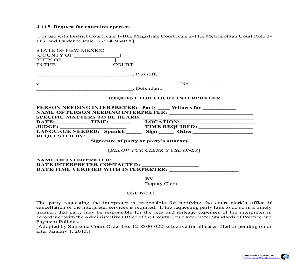 Request For Court Interpreter {4-115} |  | New Mexico