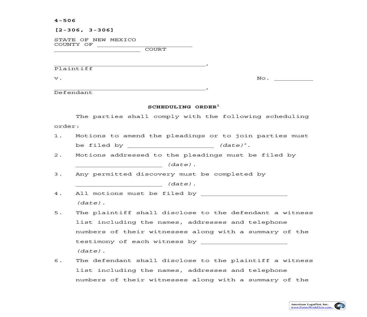 Scheduling Order {4-506} | Pdf Fpdf Doc Docx | New Mexico