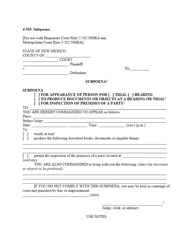 Subpoena {4-503} | Pdf Fpdf Doc Docx | New Mexico