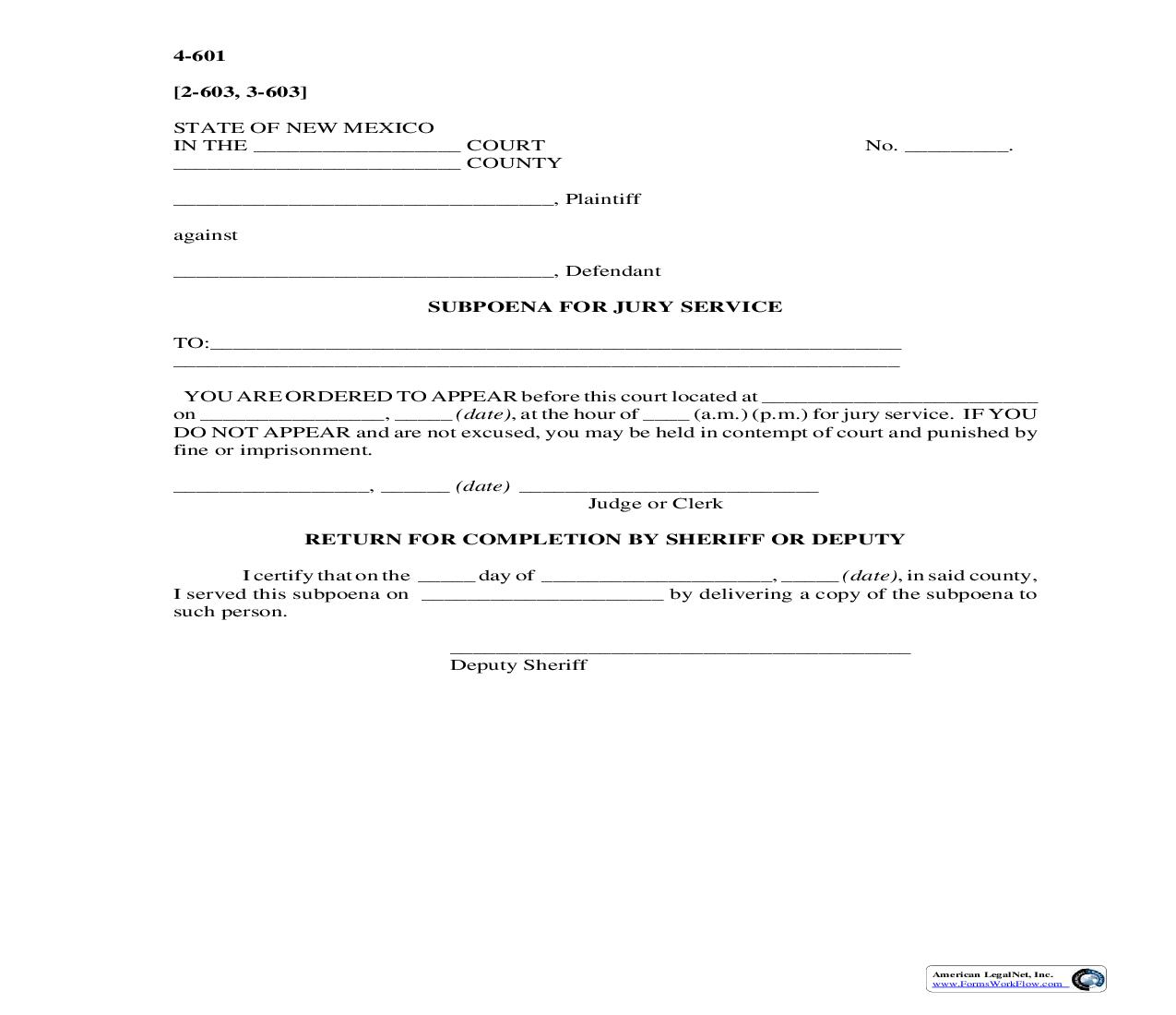 Subpoena For Jury Service {4-601} | Pdf Fpdf Doc Docx | New Mexico