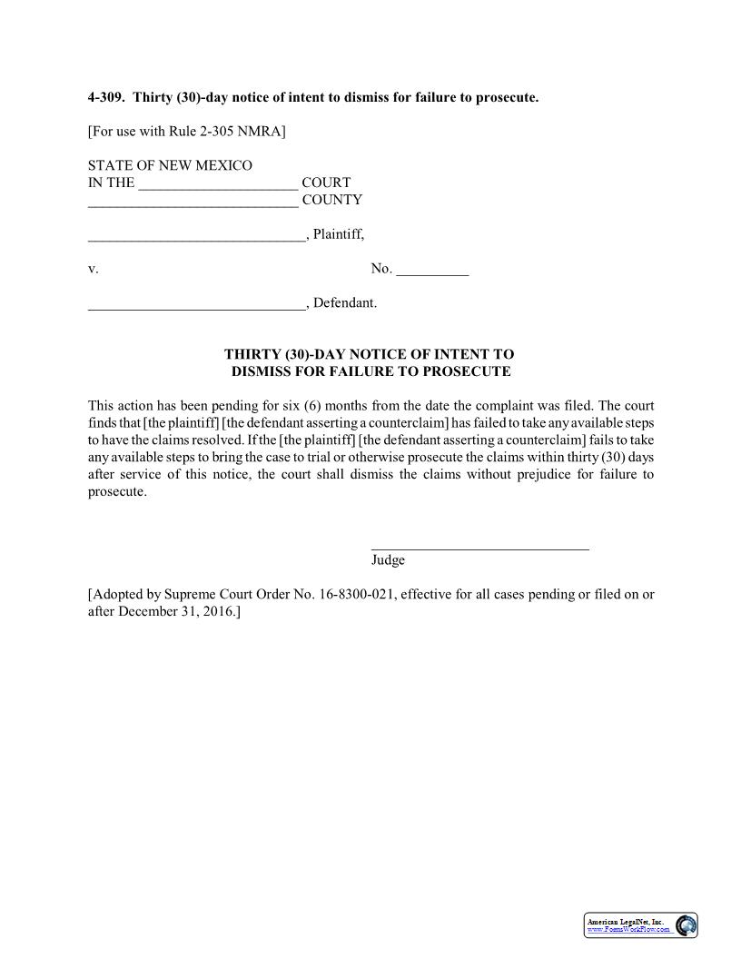 Thirty Day Notice Of Intent To Dismiss {4-309} | Pdf Fpdf Docx | New Mexico