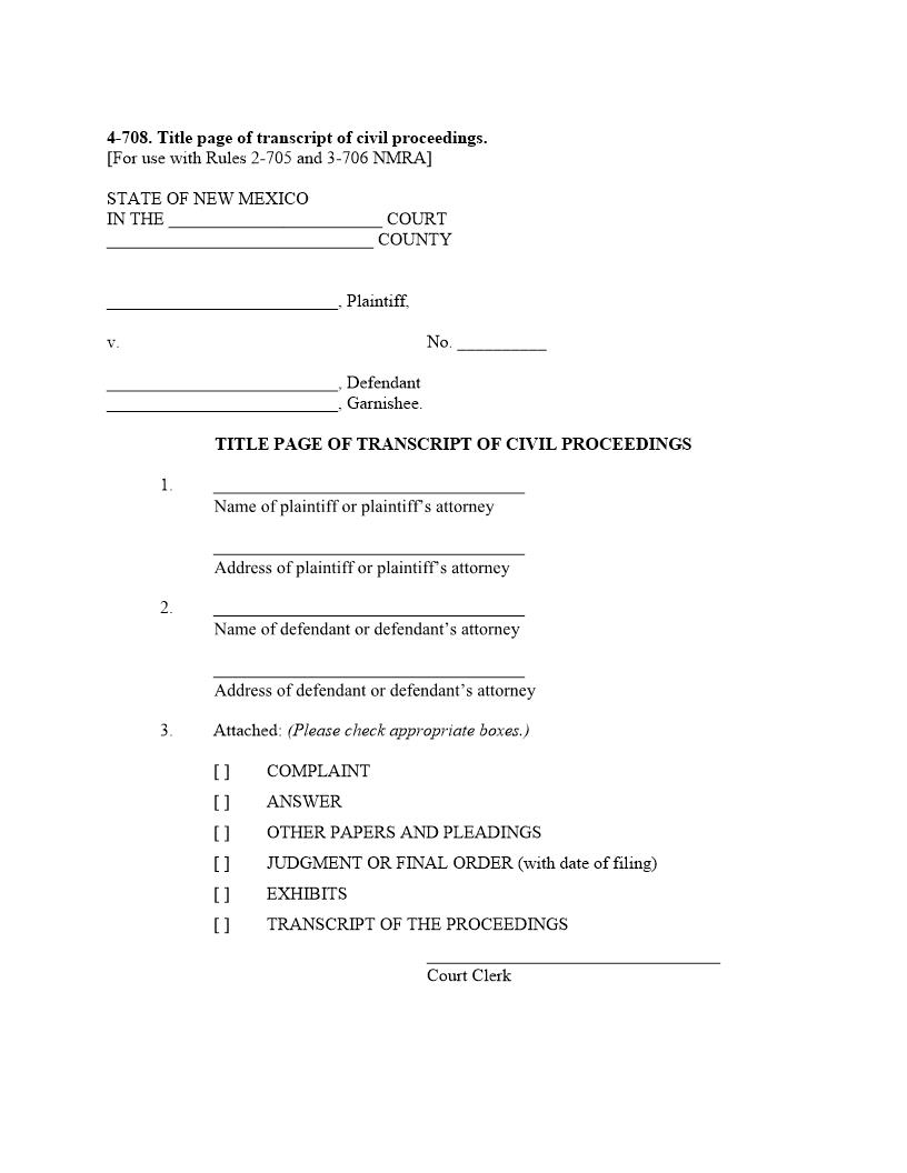 Title Page Of Transcript Of Civil Proceedings {4-708} | Pdf Fpdf Docx | New Mexico