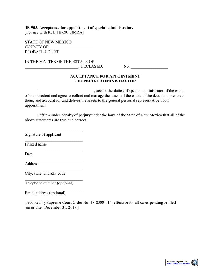 Acceptance For Appointment Of Special Administrator {4B-903} | Pdf Fpdf Docx | New Mexico