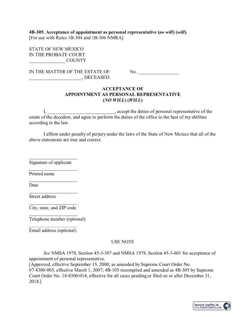 Acceptance Of Appointment As Personal Representative {4B-305} | Pdf Fpdf Docx | New Mexico