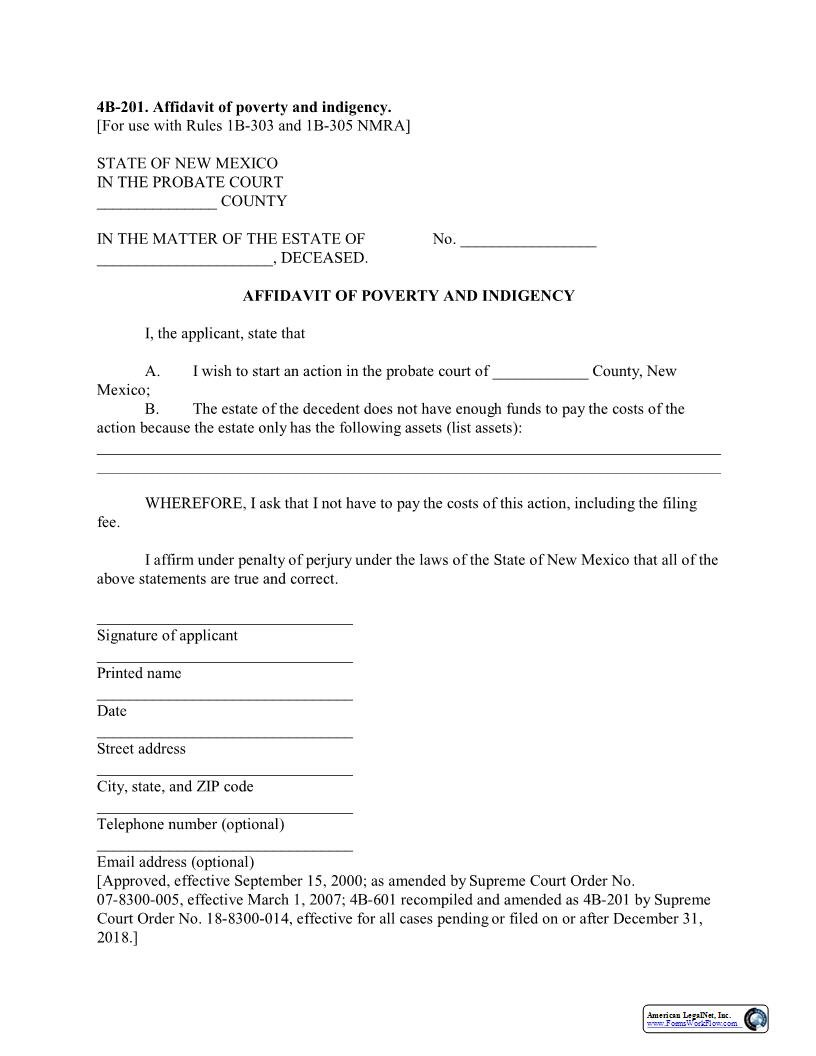 Affidavit Of Poverty And Indigency {4B-201} | Pdf Fpdf Docx | New Mexico