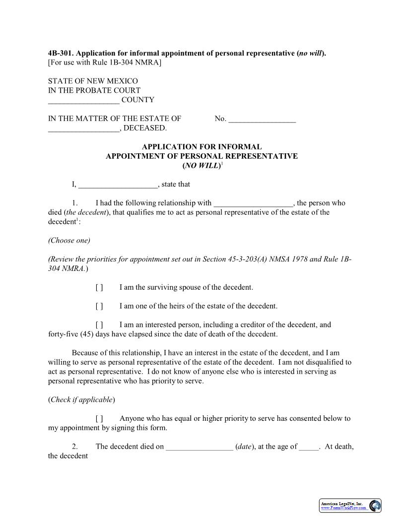 Application For Informal Appointment Of Personal Representative (No will) {4B-301} | Pdf Fpdf Docx | New Mexico