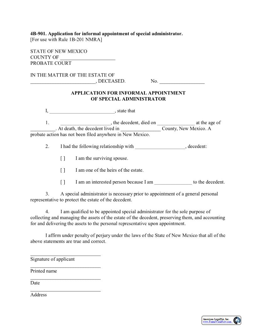 Application For Informal Appointment Of Special Administrator {4B-901} | Pdf Fpdf Docx | New Mexico