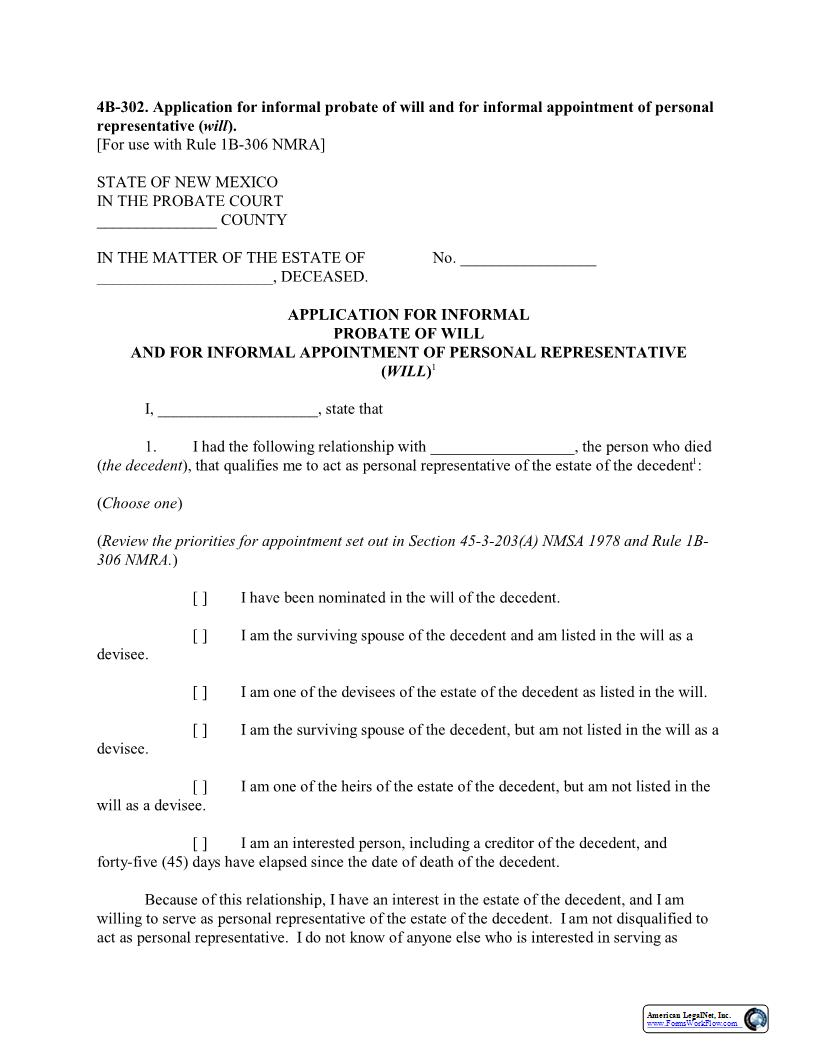 Application For Informal Probate And Informal Appointment Of Personal Representative {4B-302} | Pdf Fpdf Docx | New Mexico