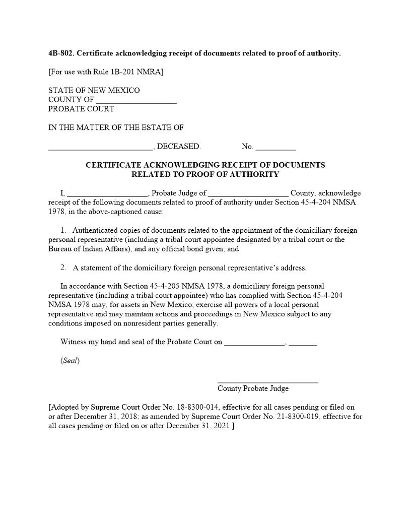 Certificate Acknowledging Receipt Of Documents Related To Proof Of Authority {4B-802} | Pdf Fpdf Docx | New Mexico