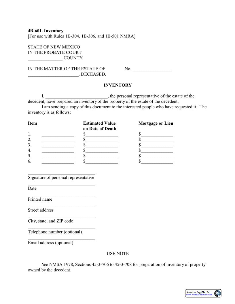 Inventory {4B-601} | Pdf Fpdf Docx | New Mexico
