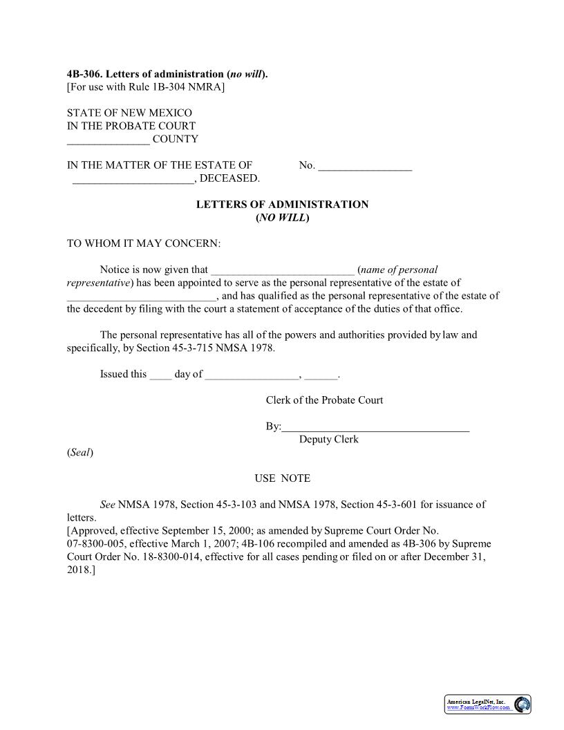 Letters Of Administration (No Will) {4B-306} | Pdf Fpdf Docx | New Mexico