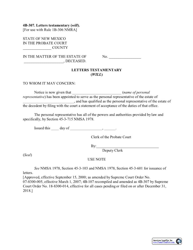 Letters Testamentary (Will) {4B-307} | Pdf Fpdf Docx | New Mexico